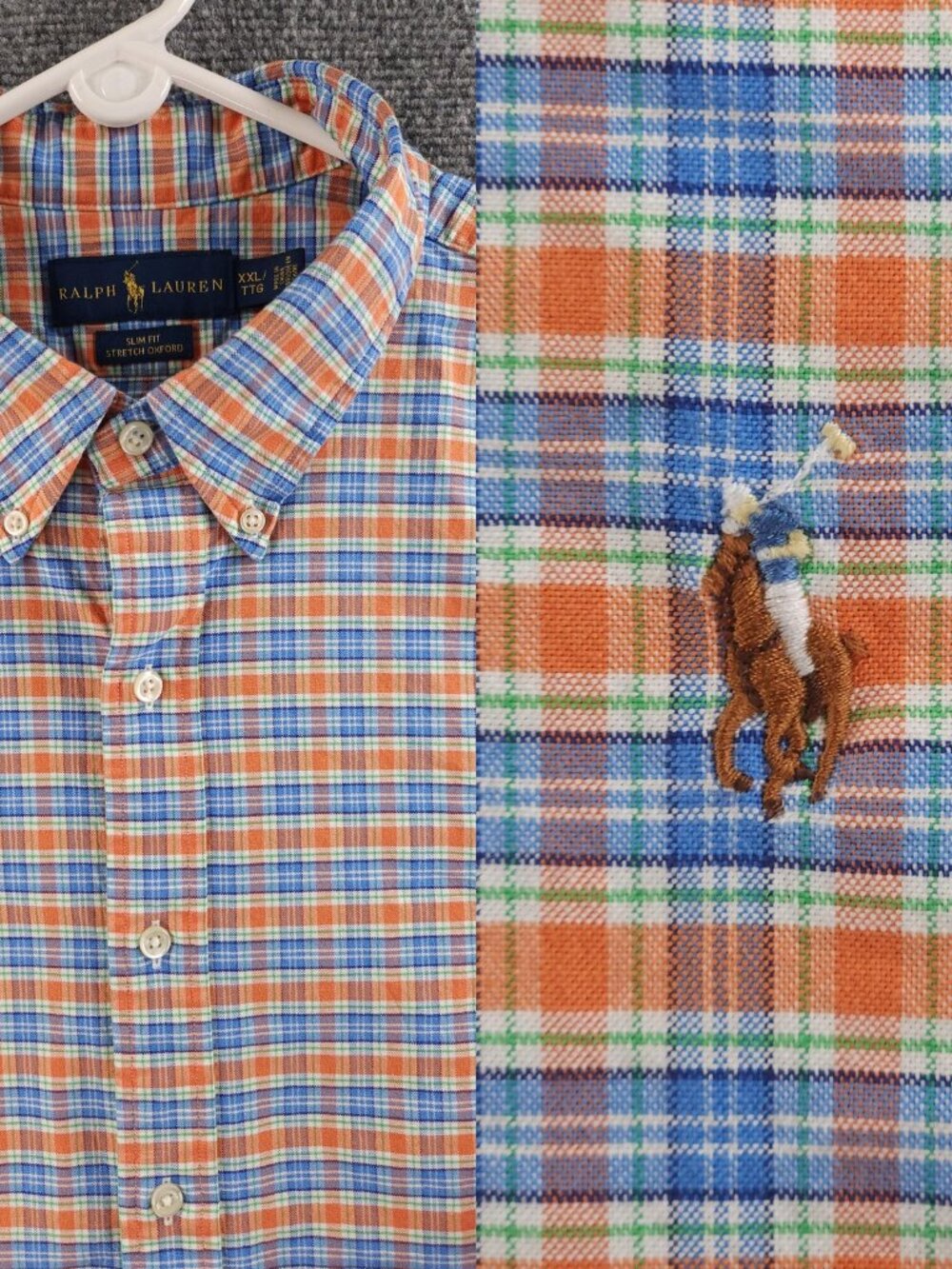 Ralph Lauren Slim Fit Stretch Oxford Plaid Orange Blue Green Button-Down 2XL Men